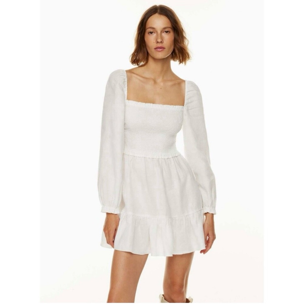 Aritzia Wilfred Tempest Mini Dress Linen White Small Long Sleeve Smocked Tiered